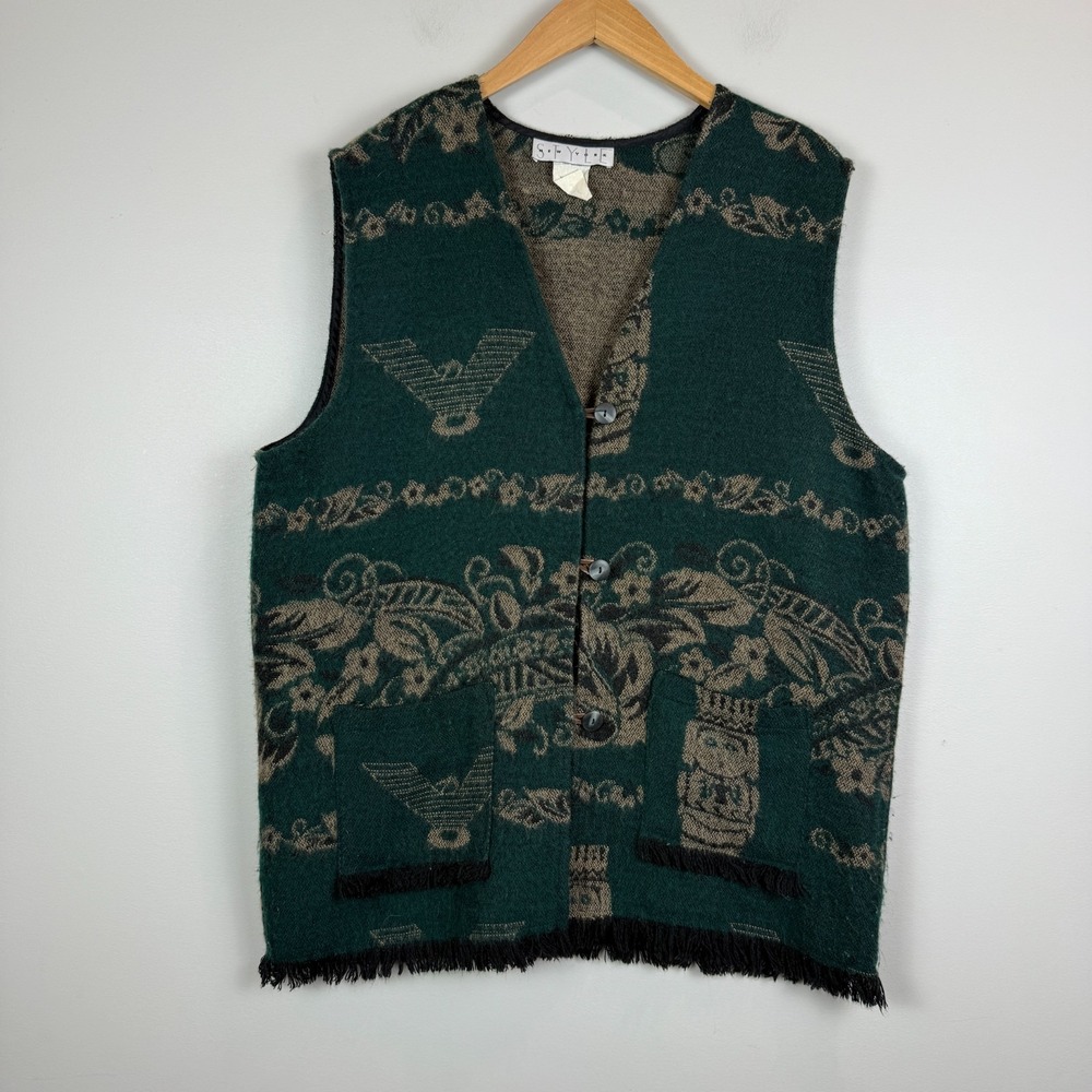 Vtg Sweater Vest Women L‎ Green Tribal Print Fringe Hem Tiki Aztec Southwestern